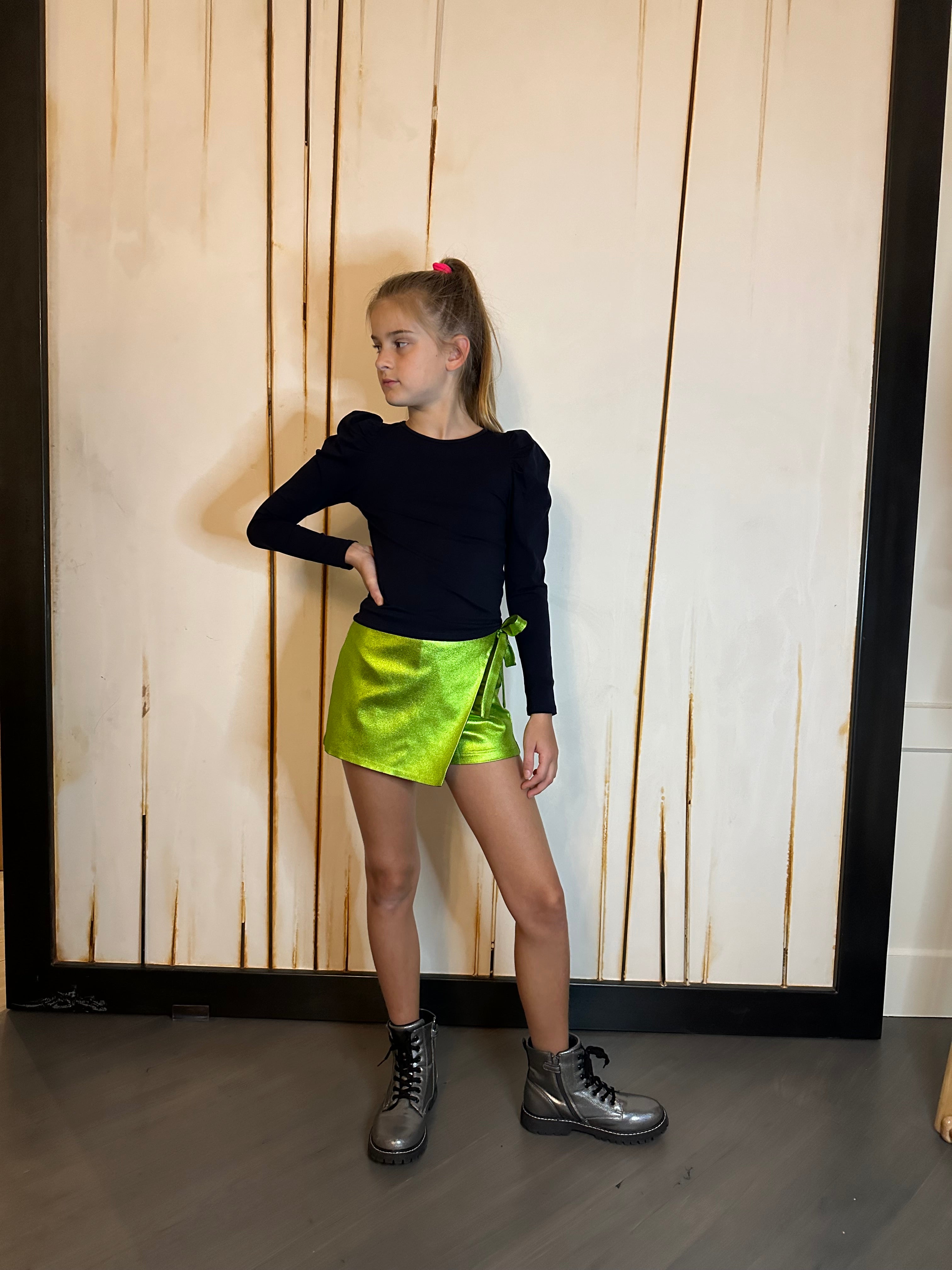 Metallic Green Tie Mini Skort