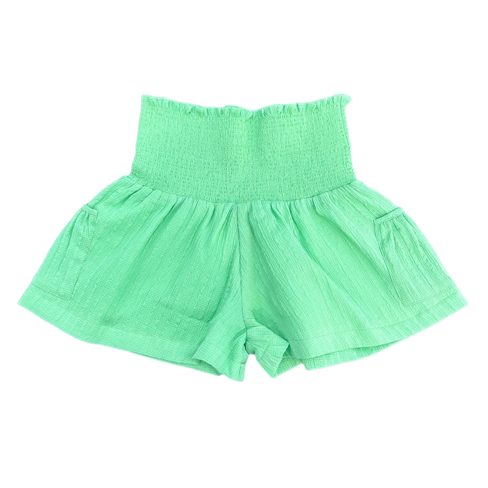 Green Ruffle Smocked Shorts with Pockets